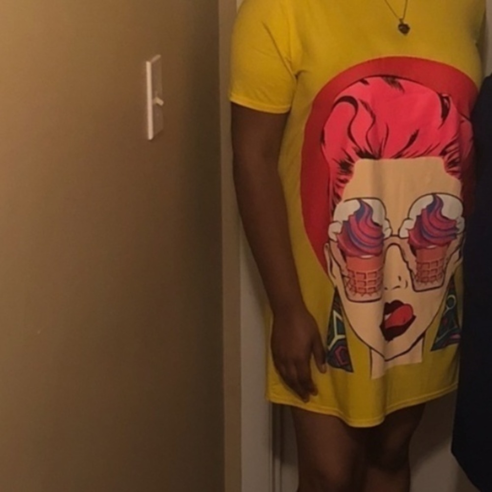 Boohoo Pop Art Lady with Ice Cream Cone Glasses Graphic Yellow Dress Size 12